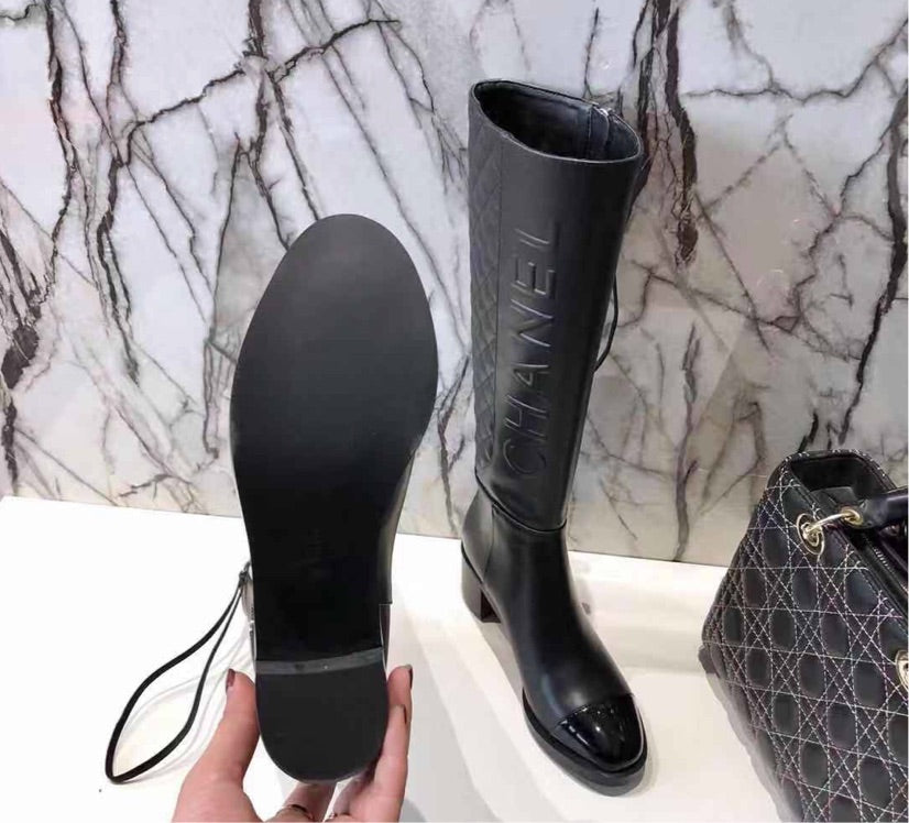 Chanel leather tall black boots